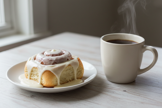 single cinnamon roll and coffee