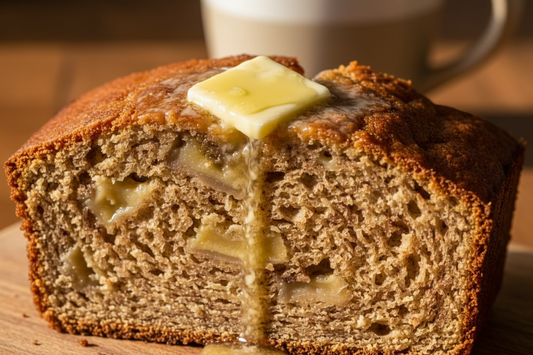 slice of banana bread with butter close up